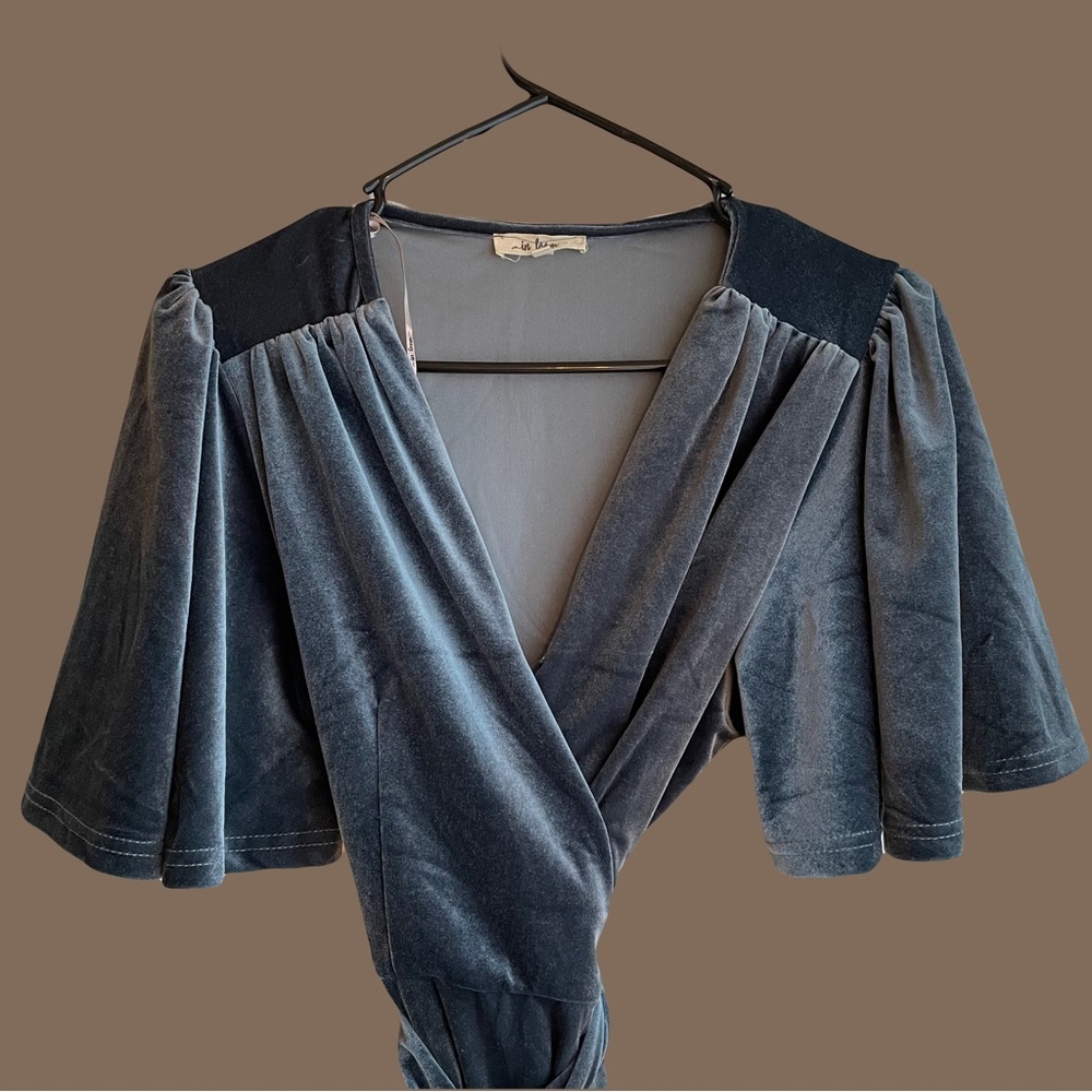 In Loom Slate Blue Velvet Wrap Maxi Dress